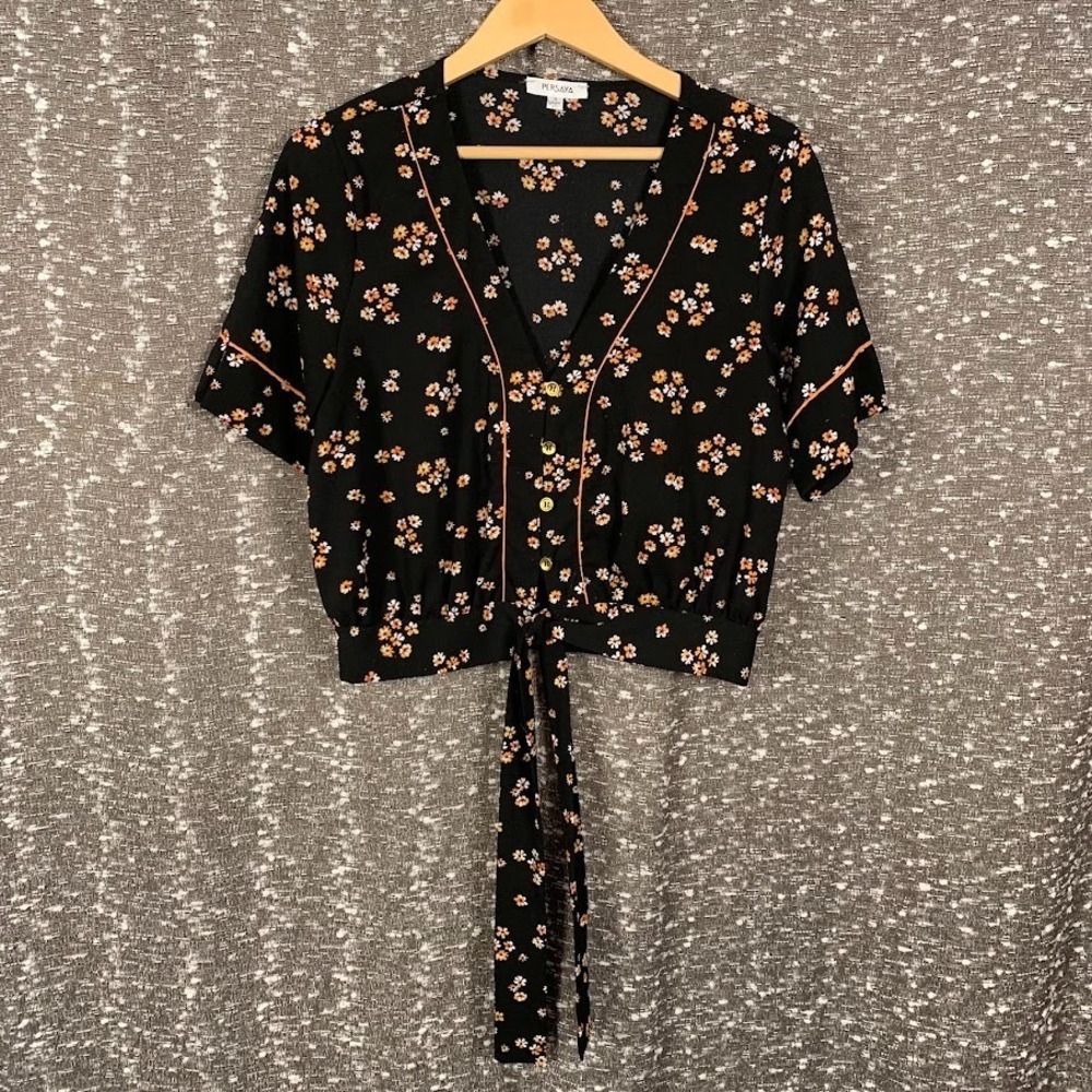 Persaya Floral Print Button Up Shirt Short Sleeve Boho Women's Small